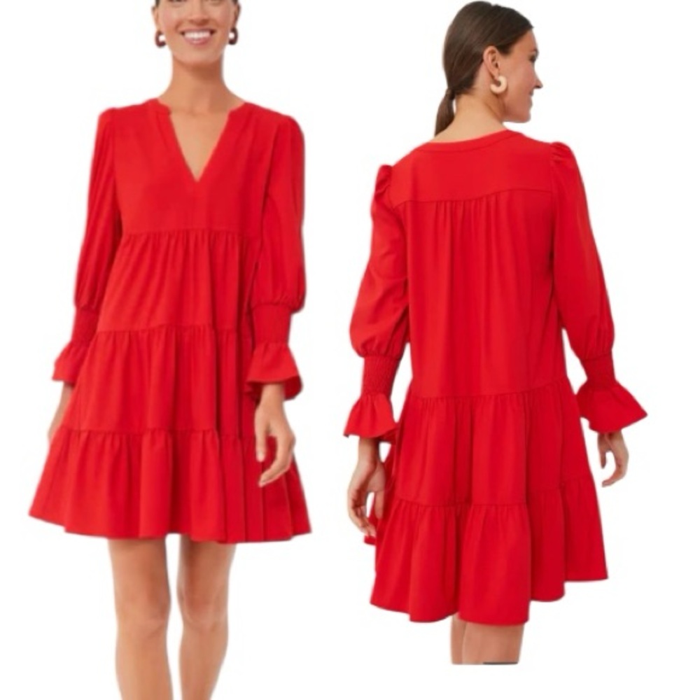 Tuckernuck Pomander Place Red Crepe Kenzo Dress Long Sleeve Ruffle EUC Small
